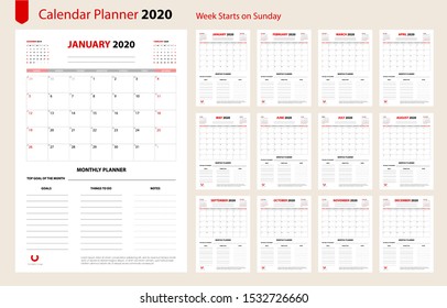 Concept and idea calendar 2020 planner. Corporate and business template design. Vector set of various International 12 months. Monthly planner. Planner diary. Template for annual calendar 2020. Grid.