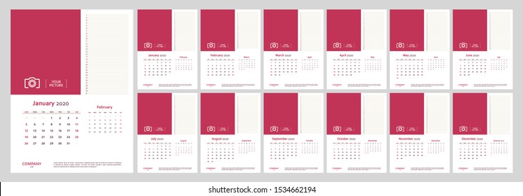 Concept and idea calendar 2020 planner. Corporate and business template design. Vector set of various International 12 months. Monthly planner. Planner diary. Template for annual calendar 2020. Grid.