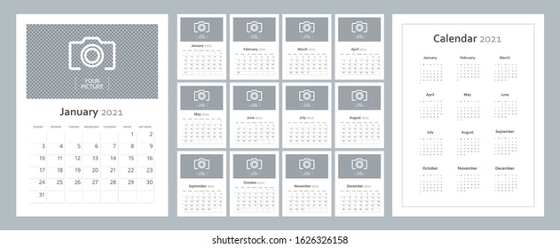 Concept and idea of calendar planner for 2021. Vector set corporate template design of 12 months. Clean and a simple stationary template. Template for annual calendar 2021.  Week starts on Sunday.