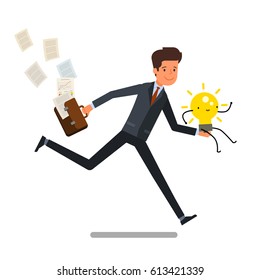 Concept of idea. Cartoon business man running with light bulb. Flat design, vector illustration.