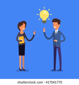 Concept of idea. Cartoon businessman explaining his idea. Flat design, vector illustration.