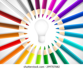 Concept idea with colorful vector pencils as beams around lightbulb icon