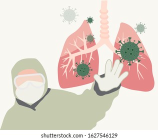 Concept and idea coronavirus protection. Coronavirus vector illustration.Wuhan Novel coronavirus (2019-nCoV).  Human in respirator and protective clothing with a hand up. Pandemic medical health risk.