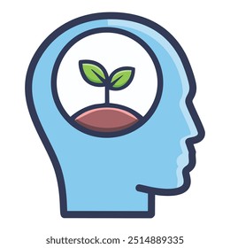 Concept of idea and creativity. An illustration representing innovation and inspiration, featuring a sapling sprouting inside a human head, symbolizing fresh concepts.