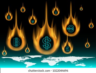 Concept and idea currency fireball down with deep sky object and global map. Vector EPS10