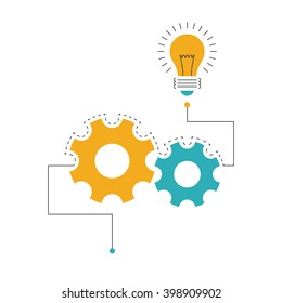 Concept idea with gear wheels and bulb. Outline flat style
