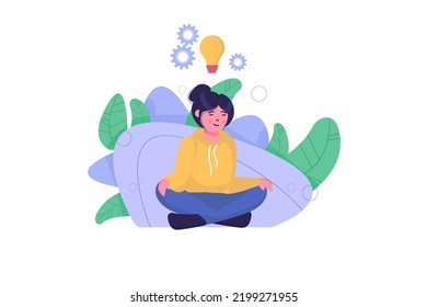 Generación de ideas conceptuales con la escena de personas en el diseño de dibujos animados planos. Niña se sienta en la posición del loto y analiza nuevas ideas inventadas. Ilustración vectorial.