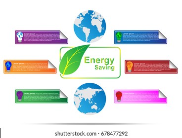 Concept and idea green leaf icon label infographic with color lamp. Vector EPS10