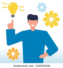 Concepto de crecimiento de ideas. Hombre aislado de fondo blanco. Ideas empresariales, desarrollo y crecimiento, lluvia de ideas. Promoción y éxito. Caracteres planos. Ilustración vectorial.