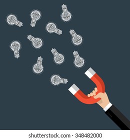 Concept of idea. Horseshoe magnet collecting hand drawn light bulb. Flat design, vector illustration
