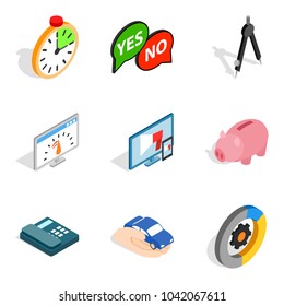 Concept idea icons set. Isometric set of 9 concept idea vector icons for web isolated on white background
