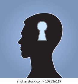 The concept idea with the image of the head and a keyhole on a blue background.