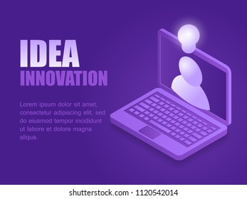 Concept idea innovation. Vector illustration isometric laptop with a character with a light bulb over his head