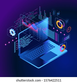 Concept of the idea of innovative data analysis. Data analysis. Page template. 3d isometric illustration