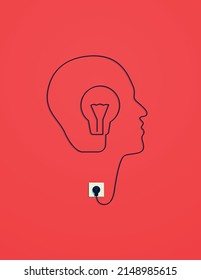 Konzept der Idee und Inspiration. Symbol der Kreativität, Brainstorming, neue Idee, Gedanke. Eine Glühbirne im Kopf eines Geschäftsmanns, an eine Steckdose angeschlossen