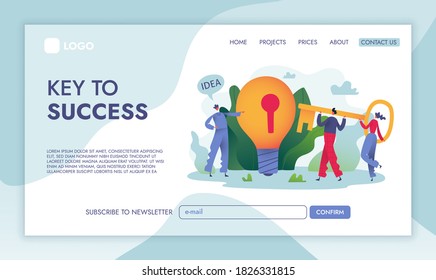 Página de inicio de la clave de idea de concepto. Gran Bombilla de Idea con Agujero Clave y Llave de Gente. Ilustración de vectores de negocios para trabajo en equipo.