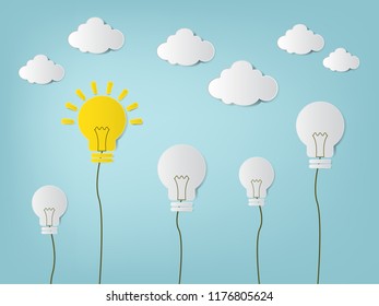 Concept of idea with Light bulb, Balloons floating in the sky