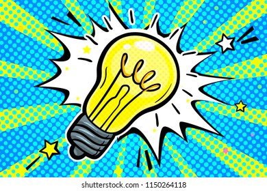 Concept of Idea. Light bulb in pop art style on blue background. Vector illustration.