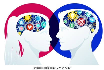 Concept of idea. Male and female silhouettes with gears on white background. Flat design, vector illustration.