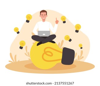 Concept of idea. Man with laptop sits on burning light bulb. Creativity and analysis, brain activity. Entrepreneur innovates and making money. Creative person. Cartoon flat vector illustration