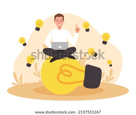 Concept of idea. Man with laptop sits on burning light bulb. Creativity and analysis, brain activity. Entrepreneur innovates and making money. Creative person. Cartoon flat vector illustration
