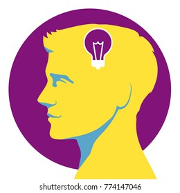 Concept of idea. Man with light bulb in his head. Flat design, vector illustration.