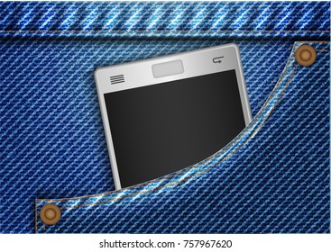 Concept and idea mobile phone in denim pants bag. Abstract denim pattern background. Vector EPS10