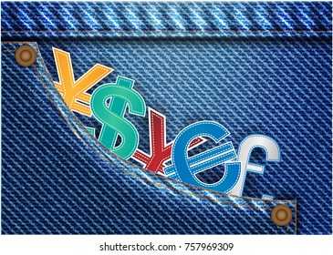 Concept and idea money currency in denim pants texture background. Vector EPS10