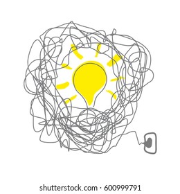 Concept of Idea and solutions in the confusion. Abstract vetor illustration of lamp, wire and plug