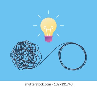 Concept idea of solving business problems, difficult situation, chaos and disorder, confused process, scribble. Unraveling tangled tangle and lamp symbol. Vector illustration
