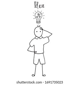 Concept of idea and start up. Simple man isolated on white background. Hand draw illustration in cartoon doodle style. Design for print, web, business development, education, invention