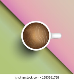 Concept and idea top view of coffee cup with color two tone screen background. Food and drink concept and color background