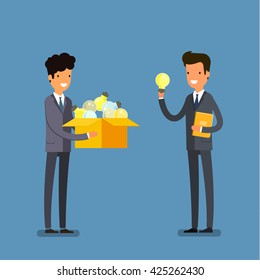 Concept of idea. Two business men with box and light bulb. Flat design, vector illustration.