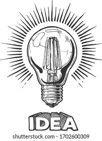 Concept of idea. Vector hand drawn illustration of light bulb in vintage engraved style. Isolated on white background.