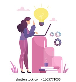 Concept of idea. Woman working on a new idea at the computer. Vector illustration in cartoon flat style.