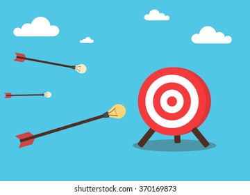 Concept ideas of success and business. Arrow flying to the target. An arrowhead in a light bulb idea.