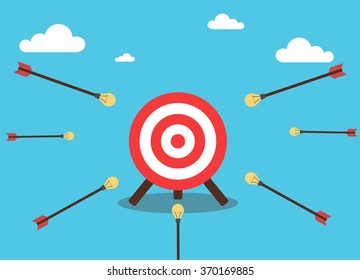 Concept ideas of success and business. Arrow flying to the target. An arrowhead in a light bulb idea.