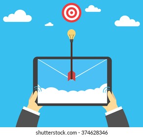 Concept ideas of success and business. Arrow flying to the target. An arrowhead in a light bulb.
