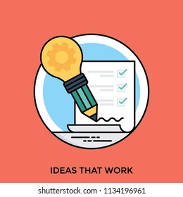 Concept for ideas that work icon is denoted by a paper with checkboxes having approved tick marks along with bulb 