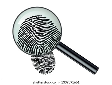 Concept of identifying a culprit for a criminal investigation, with the analysis of fingerprints on a crime scene symbolized by a magnifying glass.