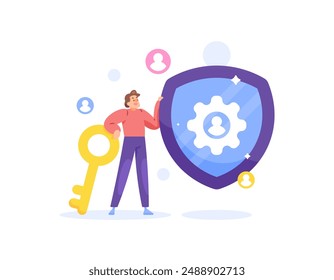 the concept of identity and access management or IAM. control or manage user access rights. key to access the system. security system. illustration of man with shield and lock. flat style design