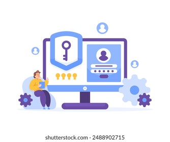 the concept of identity and access management or IAM. control or manage user access and identity. security control system. illustration of a man trying to log into a computer. flat style design