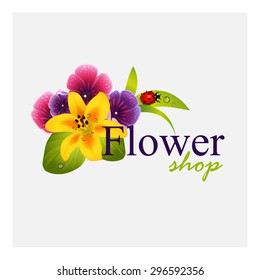 Konzept Identität für Blumenladen. Ladybug auf Blättern mit Wassertropfen, gelben, violetten und rosafarbenen Blumen.