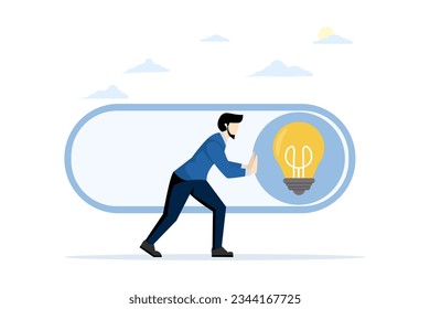 concept of igniting new idea, solution or innovation to solve problem, activating knowledge or creativity, unlocking or activating, businessman pressing toggle button to turn on idea.