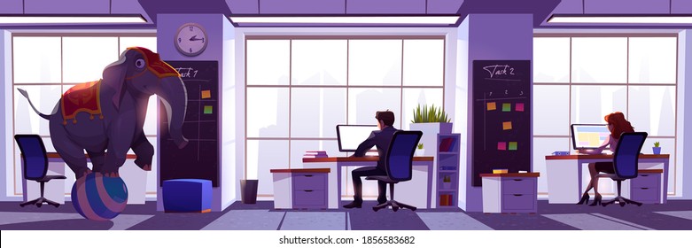 Concept Of Ignore Elephant In Room. Illustration Of Idiom About Avoid Controversy, Oblivious Obvious Problems And Unpleasant Issues. Vector Cartoon Office Interior With Busy People And Circus Elephant