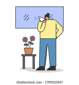 Konzept der Erkrankung Menschen mit Grippe-und Coronavirus-Symptomen. Kranke weibliche Charaktere mit Grippe-Infektion und Laufnase bleiben zu Hause, um sich schnell zu erholen. Illustration zur linearen Vektorillustration von Cartoons