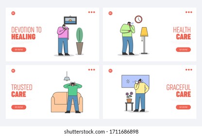Concept Of Illness People With Flu, Coronavirus Symptoms. Website Landing Page. Sick Group Of People With Different Infections Symptoms. Web Page Cartoon Linear Outline Flat Vector Illustrations Set