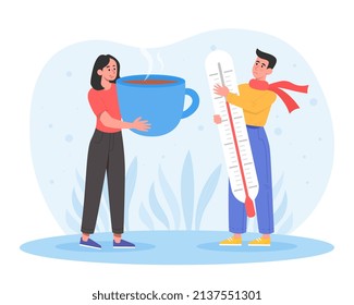 Concept of illness. Young girl with hot drink and man with thermometer. Treatment of diseases, diagnosis and health care. Medical poster or banner for website. Cartoon flat vector illustration