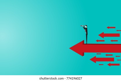 Concept illustartion business, Businessman holding binocular standing on top red arrow, Business look at to success, Vector flat