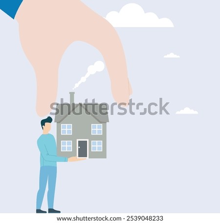 The concept illustrated is a mortgage.  The large hand represents a bank or lending institution, providing the means (the house) to the individual, Owning a Home, Your New Home Journey, 